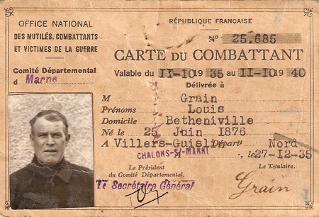 Carte d'ancien combattant de Louis GRAIN obtenue en 1935