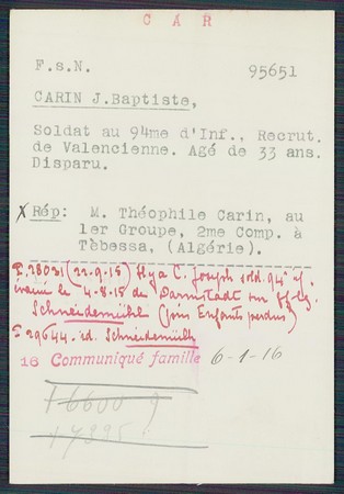 Fiche de prisonnier issue des archives de la Croix-Rouge concernant Jean-Baptiste CARIN