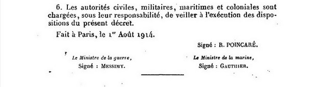 Texte du décret de mobilisation générale daté du 1er août 1914